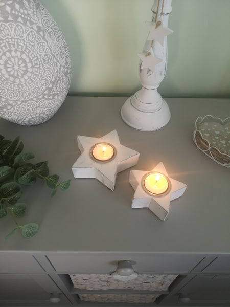 Two Whitewashed Star Tealight Holders