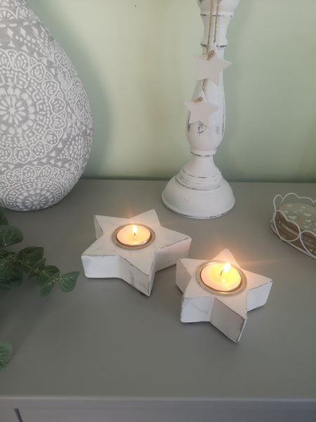 Two Whitewashed Star Tealight Holders