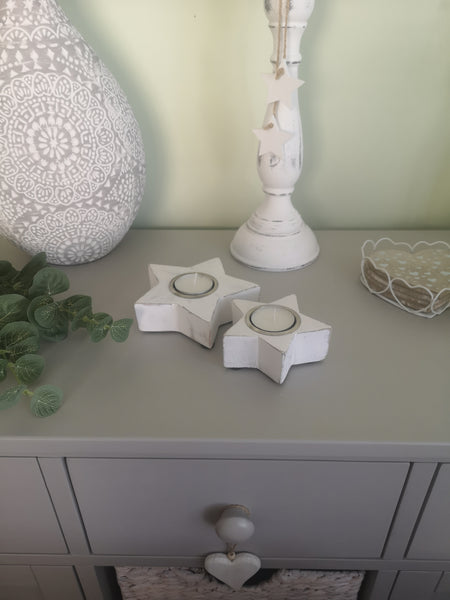 Two Whitewashed Star Tealight Holders