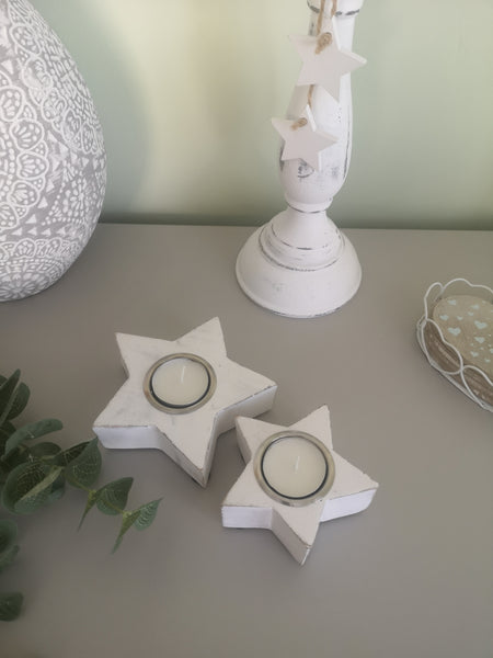 Two Whitewashed Star Tealight Holders